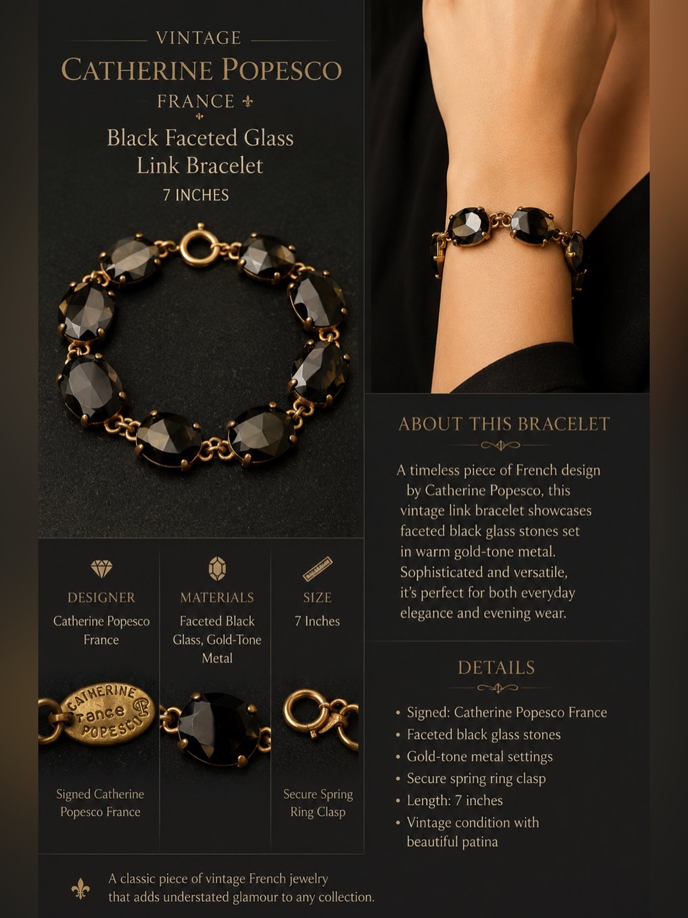 Catherine Popesco France Black Swarovski Crystal Bracelet Antiqued Gold Tone